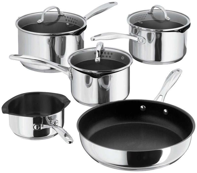 Stellar Profile Set of 5 Stainless Steel NonStick Pans 3 Draining Saucepans Frying Pan and Milk Pan Induction Ready