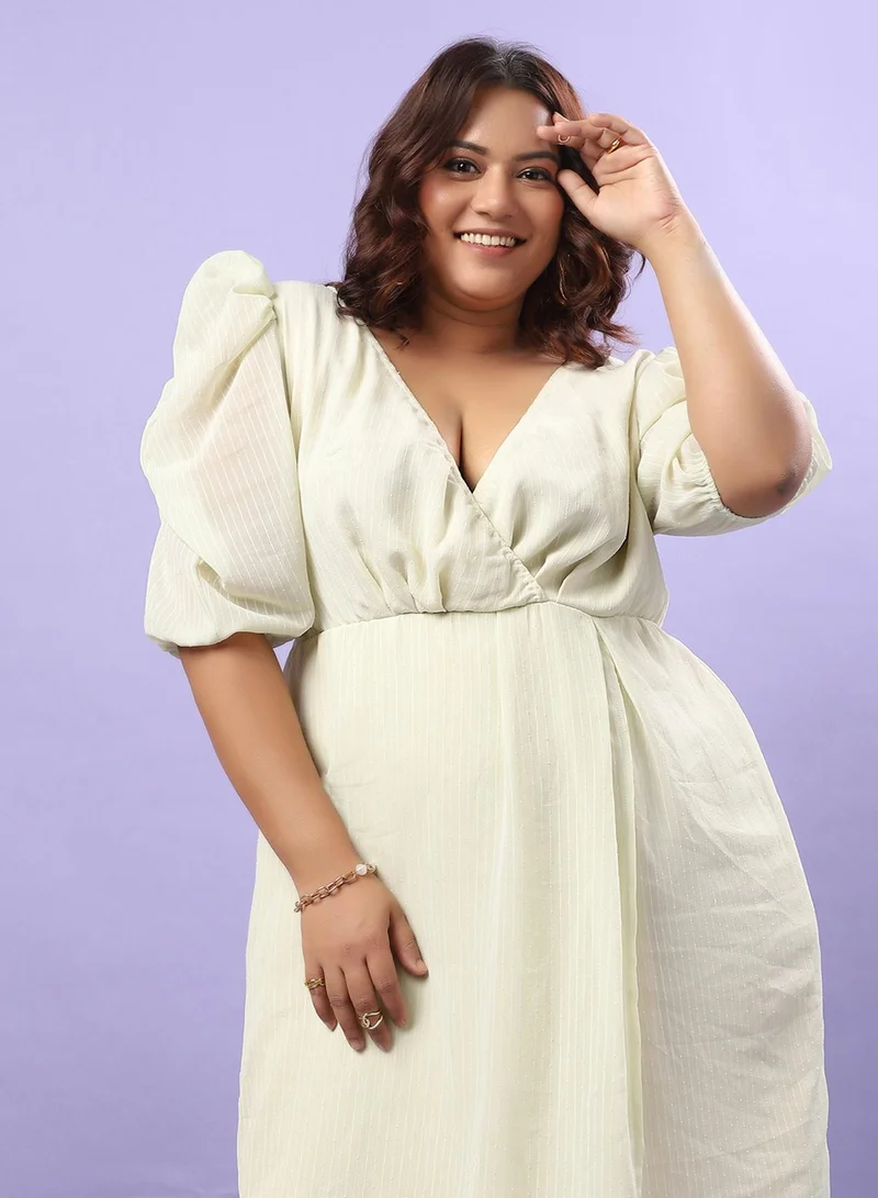 Instafab Plus Women's Light Yellow Petal Hem Dress For Casual Wear | Puff Sleeve | Polyester Fabric | V-Neck Dress Crafted With Comfort Fit For Everyday Wear