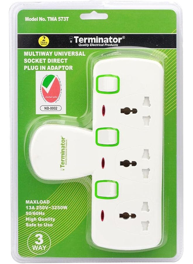 Terminator 3 Way Universal T-Socket Multi Adaptor With Individual Switches & Indicators 13A Plug and Safety Shutter (‎ TMA 573T) - Image 1