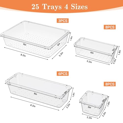 SpaceHacks 25 PCS Plastic Drawer Organizer Set 4Size Versatile Organizer Trays Storage Bins for Makeup Jewelry and Gadgets in Bathroom Bedroom and OfficeClear White - Image 3