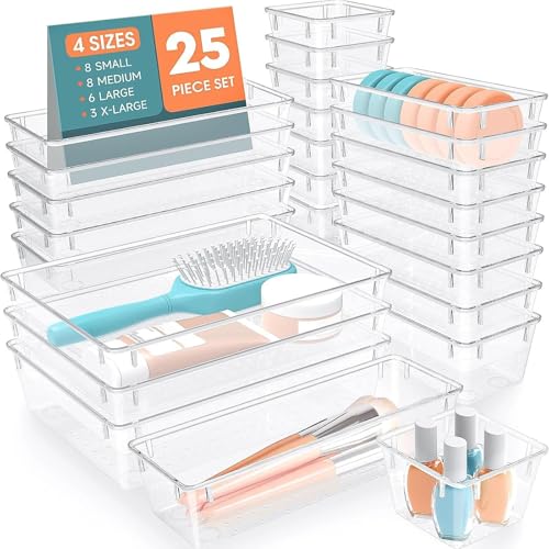 SpaceHacks 25 PCS Plastic Drawer Organizer Set 4Size Versatile Organizer Trays Storage Bins for Makeup Jewelry and Gadgets in Bathroom Bedroom and OfficeClear White - Image 1