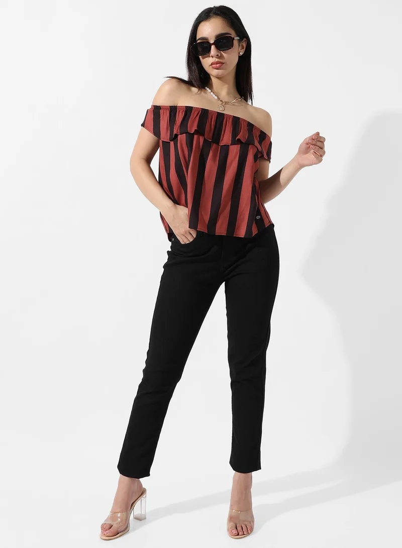 Campus Sutra Women's Striped Off-Shoulder Top