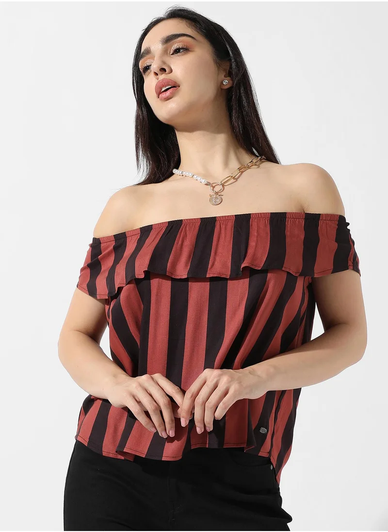 Campus Sutra Women's Striped Off-Shoulder Top