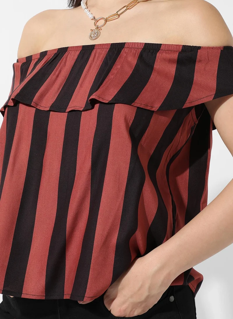 Campus Sutra Women's Striped Off-Shoulder Top