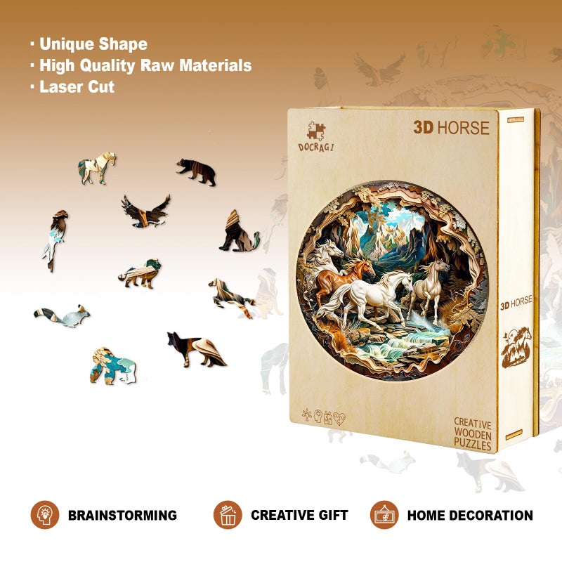 DOCRAGI Wooden Puzzles for Adults - Horse Wooden Jigsaw Puzzle - Unique Shape 3D Vision Wood Puzzles Adult - Christmas Birthday Gifts for Adults/Friends/Family - 200pcs 11.4 * 11.4in - Image 5