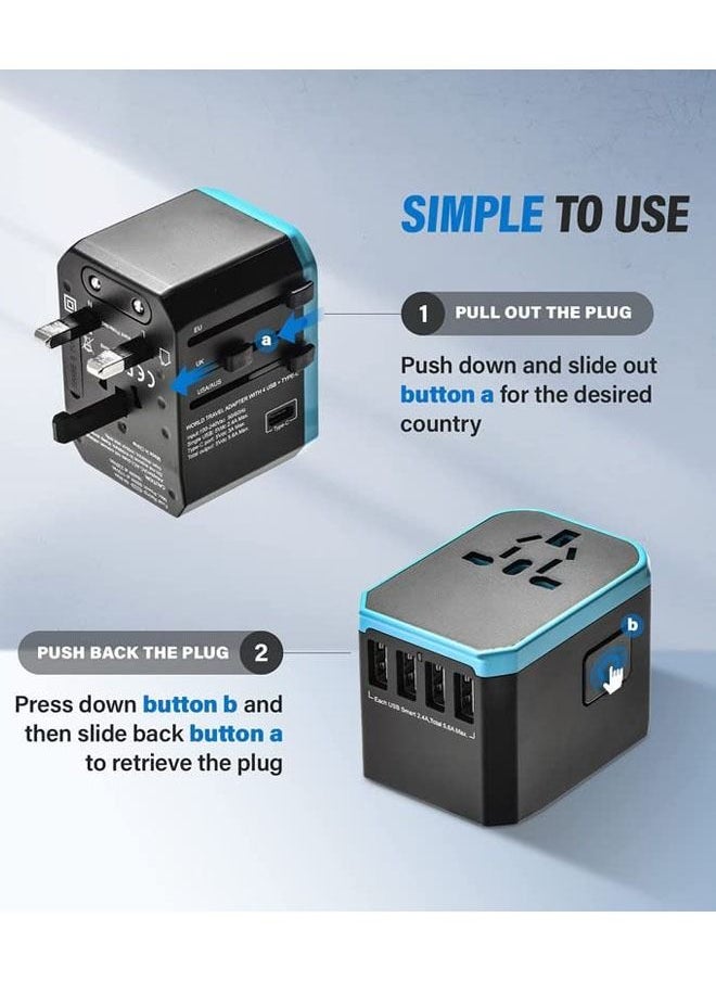 Universal Travel Adapter Plug, International Plug Power Adapter with 5.6A Smart Multi USB 3.0 and USB Type-C, Universal Socket for KSA UAE USA EU UK AUS (Travel Adapter Black)
