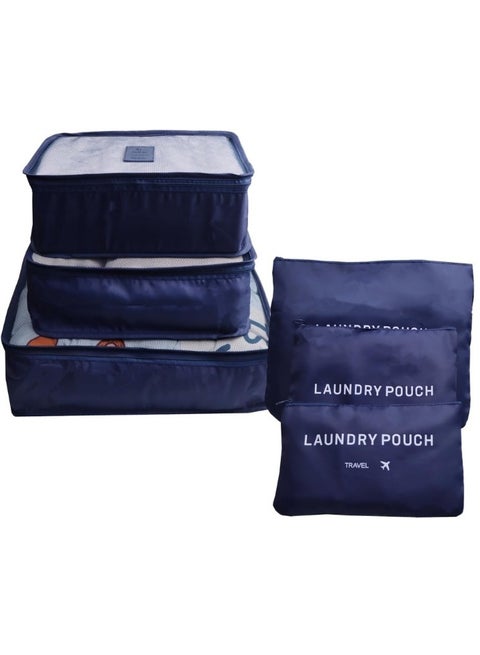 6-Piece Travel Luggage Storage Bag Set - 3 Travel Storage Bags + 3 Small Clothing Organizers (Navy Blue)