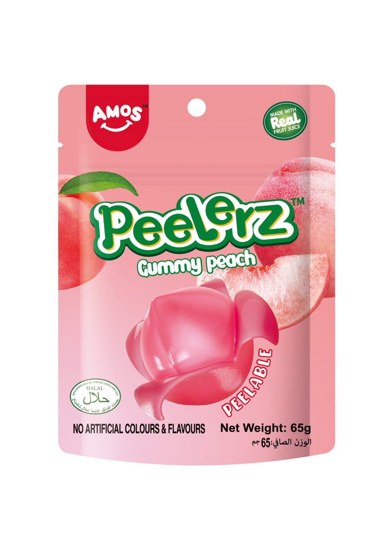 Amos Peelerz Peelable Gummy Peach Candy Fruity Strips Chewy Vegan Snack Halal Fun Treat for Kids And Adults 65g - Image 1
