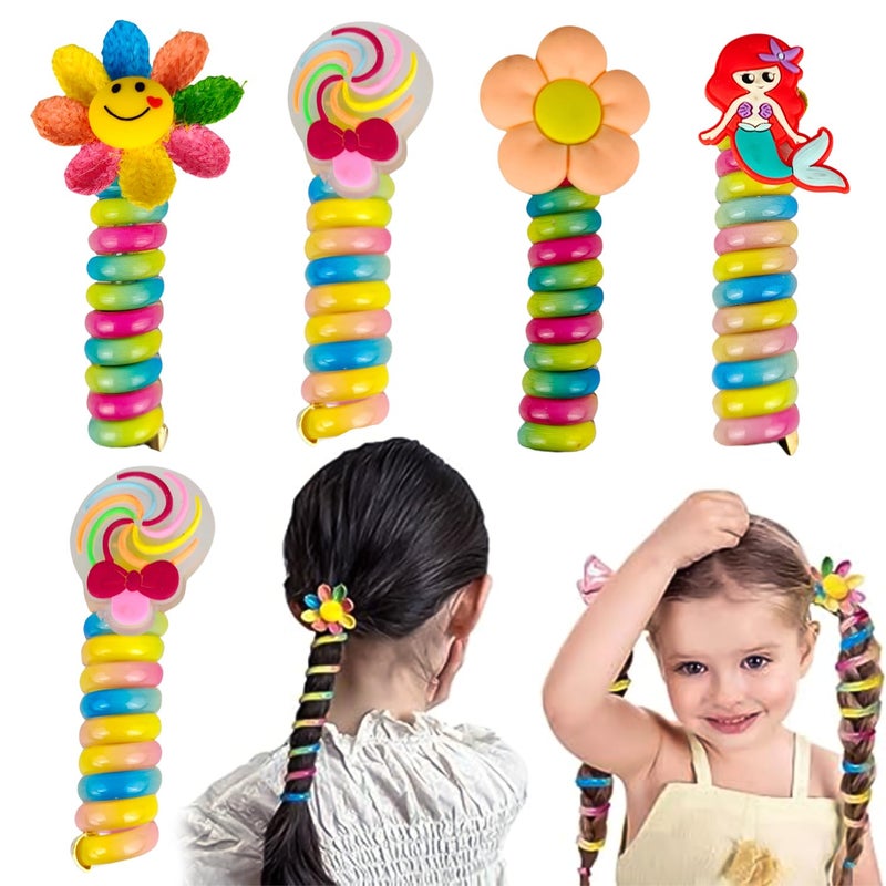 ANNACREATIONS ANNA CREATIONS 5 Pack Telephone Wire Hair Band for Kids Elastic Spiral Hair Ties for Girls Cute Cartoon Braids Ponytail Holder Maker Kids Hair Accessories for Girls FlowerPonytail Ribbon5 - Image 1