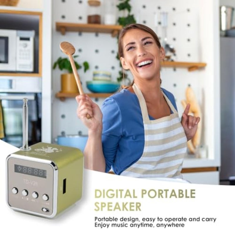 مكبر صوت راديو رقمي صغير محمول، مشغل FM/MP3 قابل لإعادة الشحن مع شاشة LCD، مدخل AUX وصوت ستيريو أخضر - Image 3