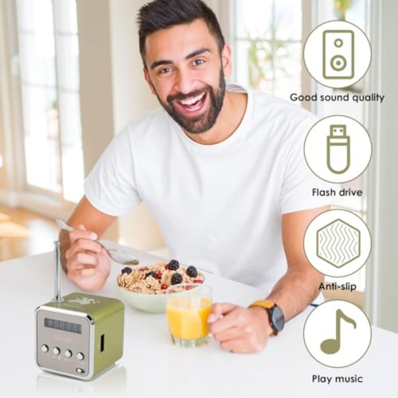 مكبر صوت راديو رقمي صغير محمول، مشغل FM/MP3 قابل لإعادة الشحن مع شاشة LCD، مدخل AUX وصوت ستيريو أخضر - Image 2