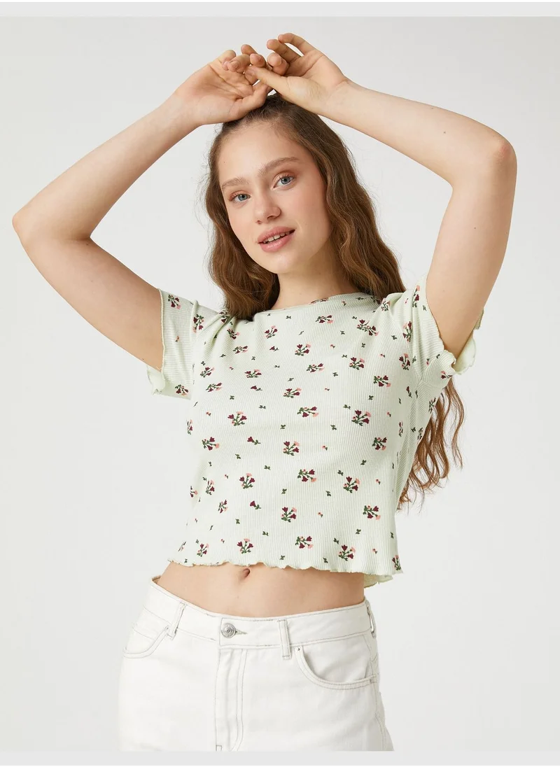 كوتون Crop T-Shirt Short Sleeve Flower Printed Crew Neck