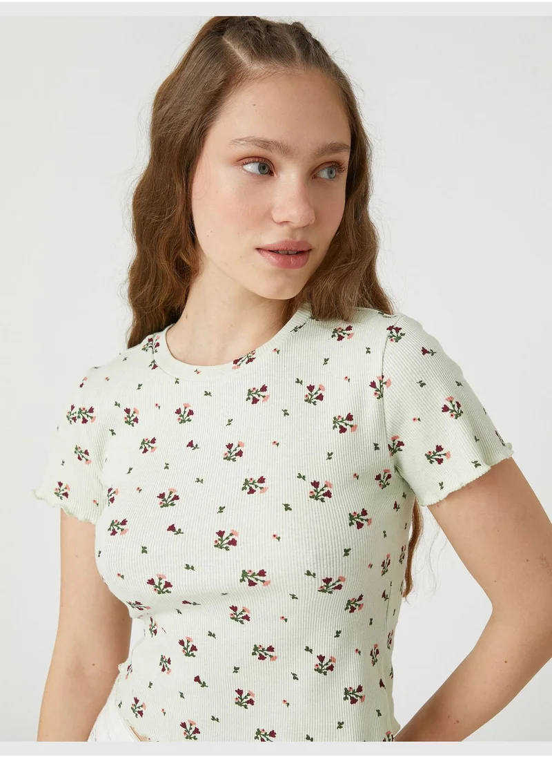 كوتون Crop T-Shirt Short Sleeve Flower Printed Crew Neck