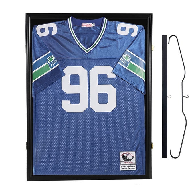 JERSEY FRAME DISPLAY CASE LARGE LOCKABLE FRAMES SHADOW BOX WITH UV PROTECTION ACRYLIC FOR BASEBALL BASKETBALL FOOTBALL SOCCER HOCKEY SPORT SHIRT HANGER AND WALL MOUNT OPTION BLACK FINISH