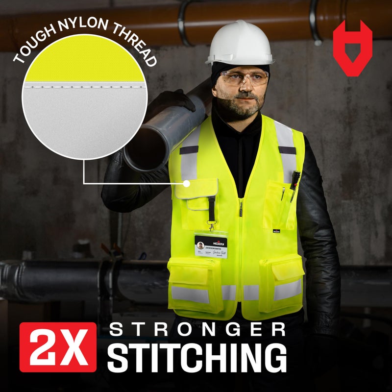 NoCry Premium Reflective Safety Vest for Men with Heavy-Duty Stitching & Phone Pocket â€” ANSI Class 2 High-Visibility Neon Workwear with Multiple Pockets â€“ Ideal for Construction Workers & Surveyors - Image 4