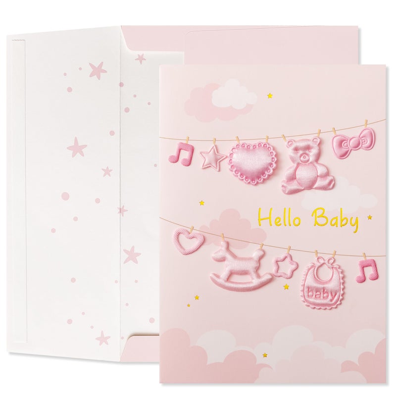 Crisky Baby Shower Card for Girls -3D Fabric Decor- Pink Rose Gold Welcome Congratulations Baby Card for New Baby Girl ï¼ˆPink Bearï¼‰,5x7 - Image 1