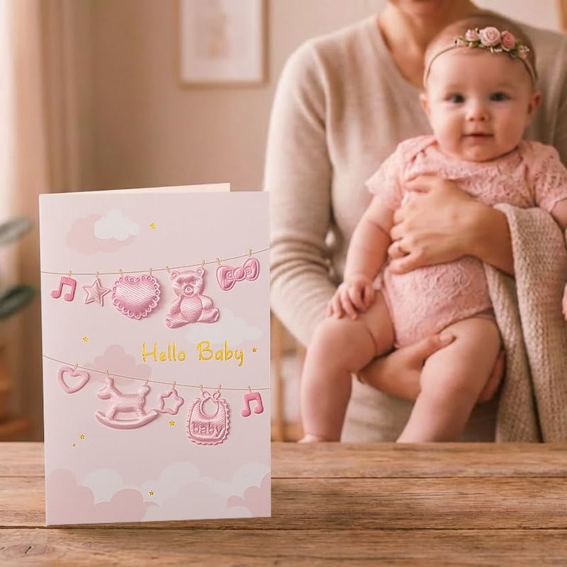 Crisky Baby Shower Card for Girls -3D Fabric Decor- Pink Rose Gold Welcome Congratulations Baby Card for New Baby Girl ï¼ˆPink Bearï¼‰,5x7 - Image 5