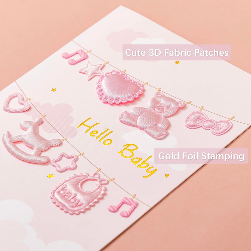 Crisky Baby Shower Card for Girls -3D Fabric Decor- Pink Rose Gold Welcome Congratulations Baby Card for New Baby Girl ï¼ˆPink Bearï¼‰,5x7 - Image 3