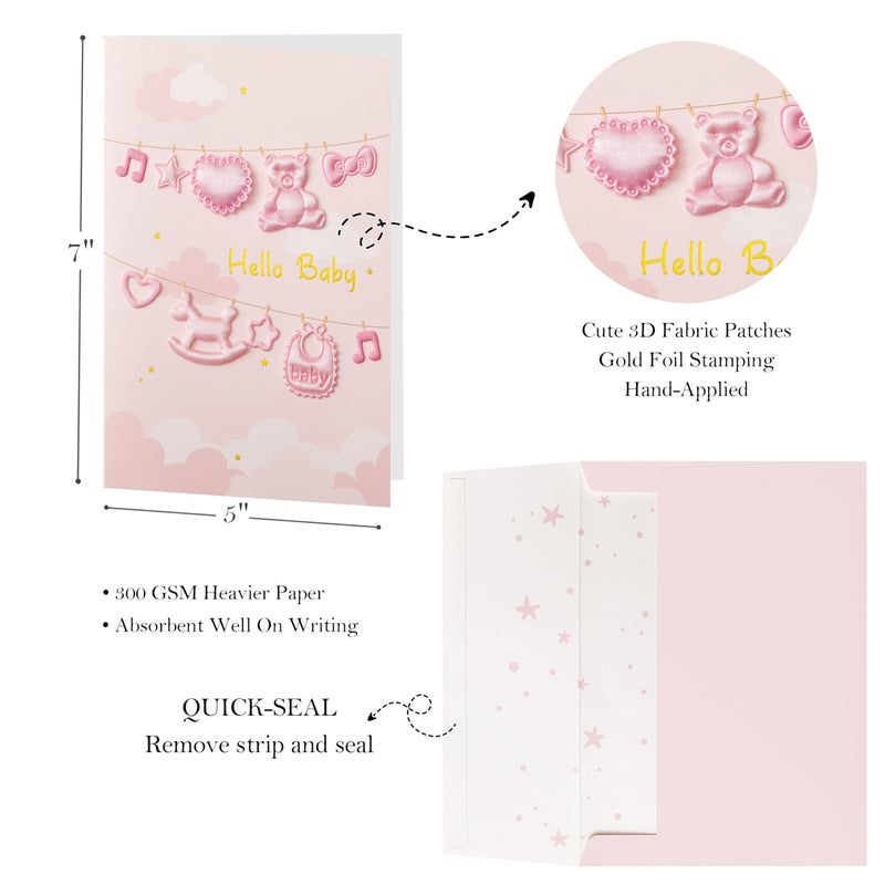 Crisky Baby Shower Card for Girls -3D Fabric Decor- Pink Rose Gold Welcome Congratulations Baby Card for New Baby Girl ï¼ˆPink Bearï¼‰,5x7 - Image 2