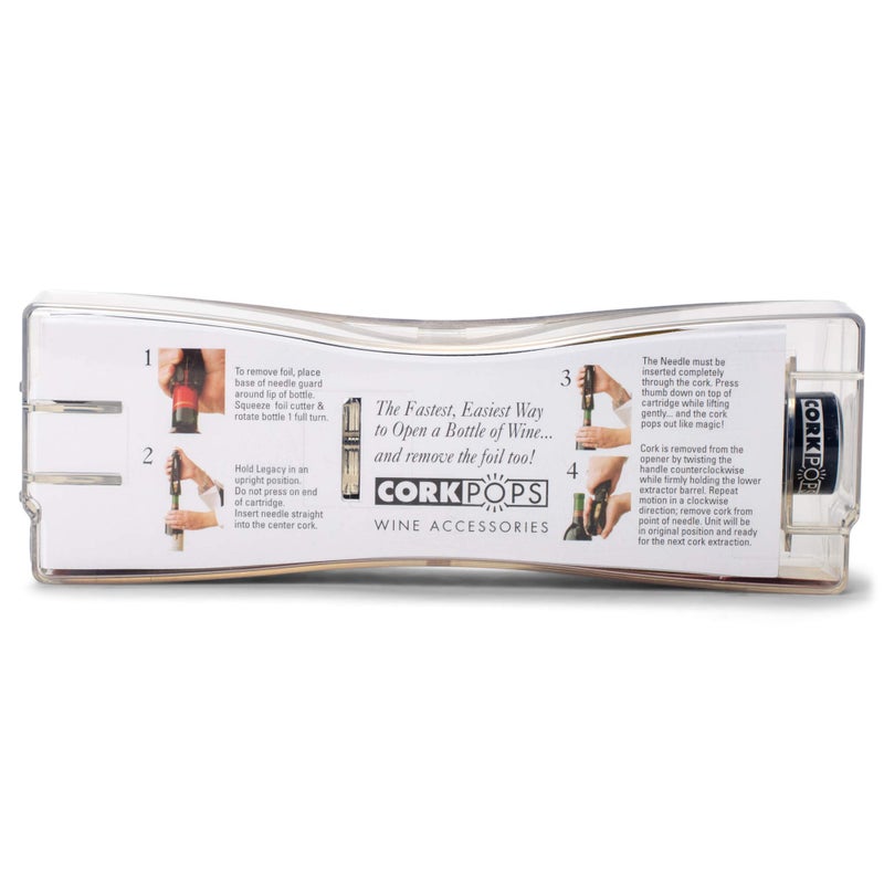 Cork Pops Legacy Wine Opener Built-in 4-Blade Foil Cutter Safe Cork Removal, Effortless Push Button Use, Needle Guard for Safety, Low-Pressure Cartridge Opens Up To 60 Bottles - Image 3