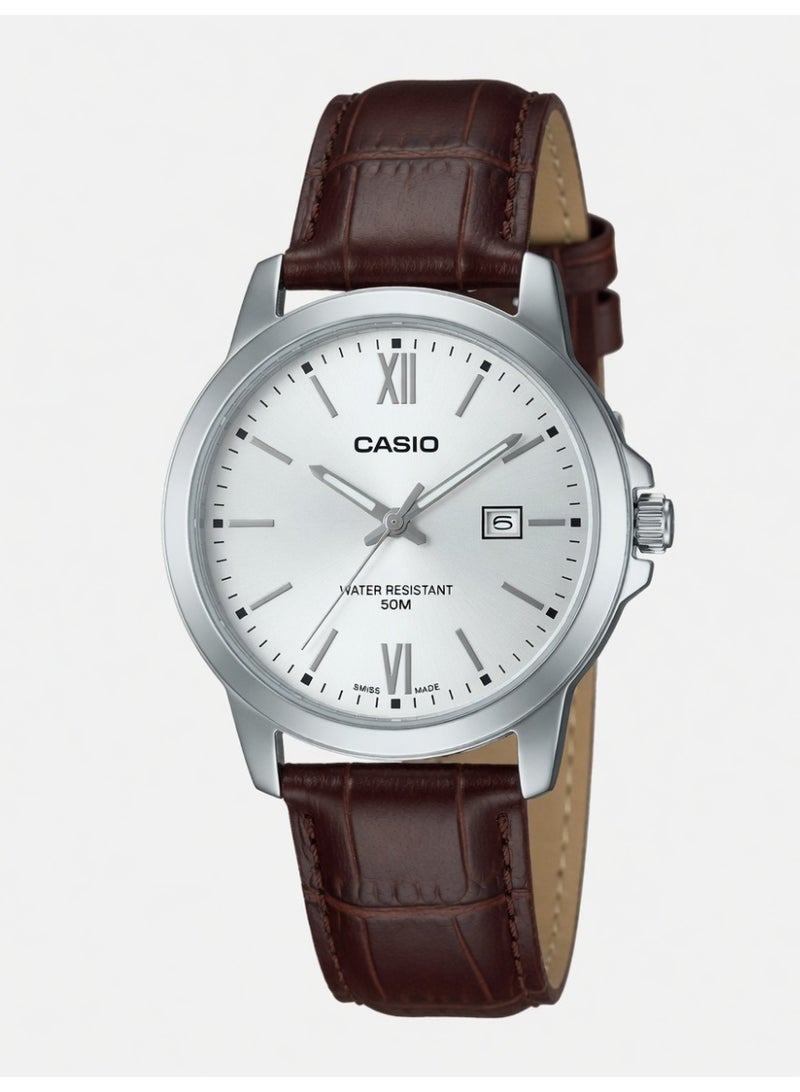 Casio Men's Enticer Analog Watch with Silver Dial and Brown Leather Strap - MTP-V002L-7B