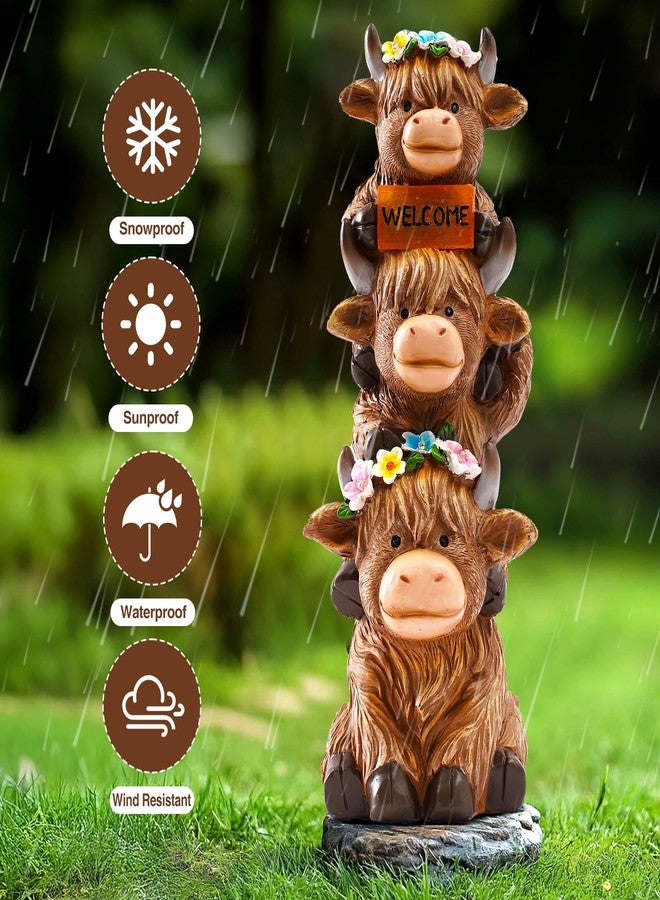 twinbling Garden Highland Cow Statue Solar Outdoor Decor with Flower Decoration Funny Triple Highland Cow Decor Birthday Gifts for Women Mom Highland Cows Figurine for Yard Garden Patio Lawn Ornaments - Image 3