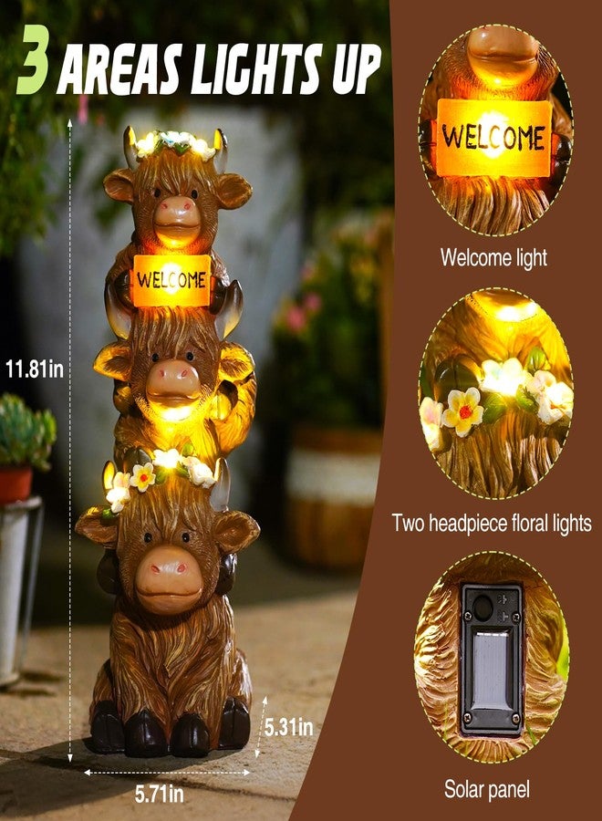 twinbling Garden Highland Cow Statue Solar Outdoor Decor with Flower Decoration Funny Triple Highland Cow Decor Birthday Gifts for Women Mom Highland Cows Figurine for Yard Garden Patio Lawn Ornaments - Image 2