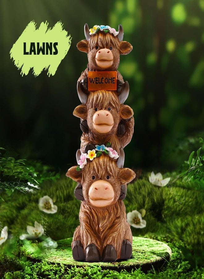 twinbling Garden Highland Cow Statue Solar Outdoor Decor with Flower Decoration Funny Triple Highland Cow Decor Birthday Gifts for Women Mom Highland Cows Figurine for Yard Garden Patio Lawn Ornaments - Image 4