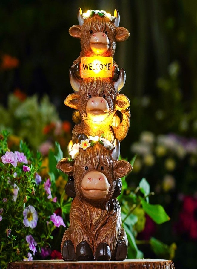 twinbling Garden Highland Cow Statue Solar Outdoor Decor with Flower Decoration Funny Triple Highland Cow Decor Birthday Gifts for Women Mom Highland Cows Figurine for Yard Garden Patio Lawn Ornaments - Image 1