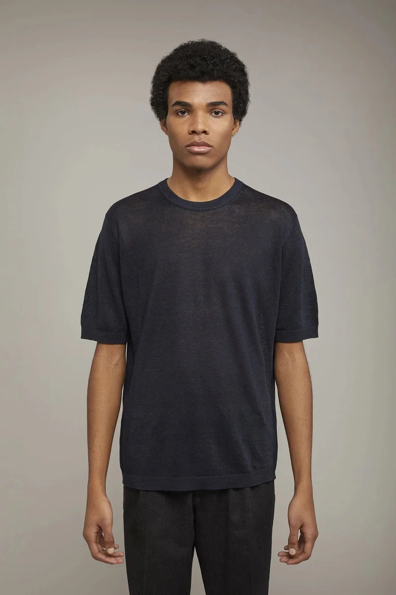 Doppelganger Men's knitted t-shirt 100% linen short-sleeved regular fit - Midnight
