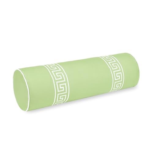 Hofdeco Premium Grandmillennial Coastal Hampton Patio Indoor Outdoor Bolster Pillow Cover Only 8x24 Water Repellent for Backyard Couch Poolside Grass Green Embroidered Greek Key - Image 1