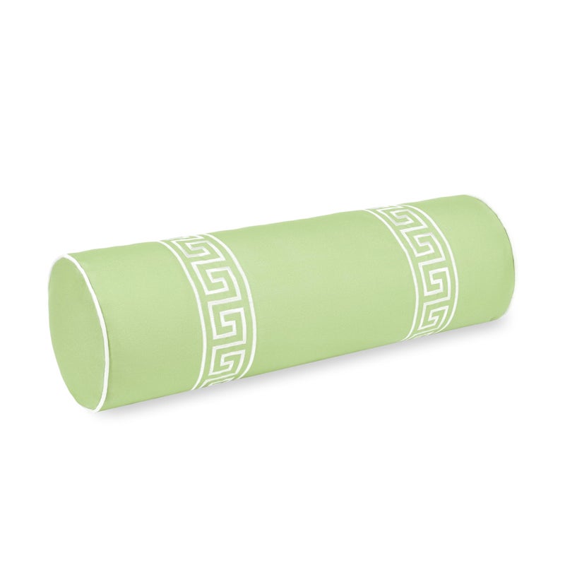 Hofdeco Premium Grandmillennial Coastal Hampton Patio Indoor Outdoor Bolster Pillow Cover Only 8x24 Water Repellent for Backyard Couch Poolside Grass Green Embroidered Greek Key - Image 2