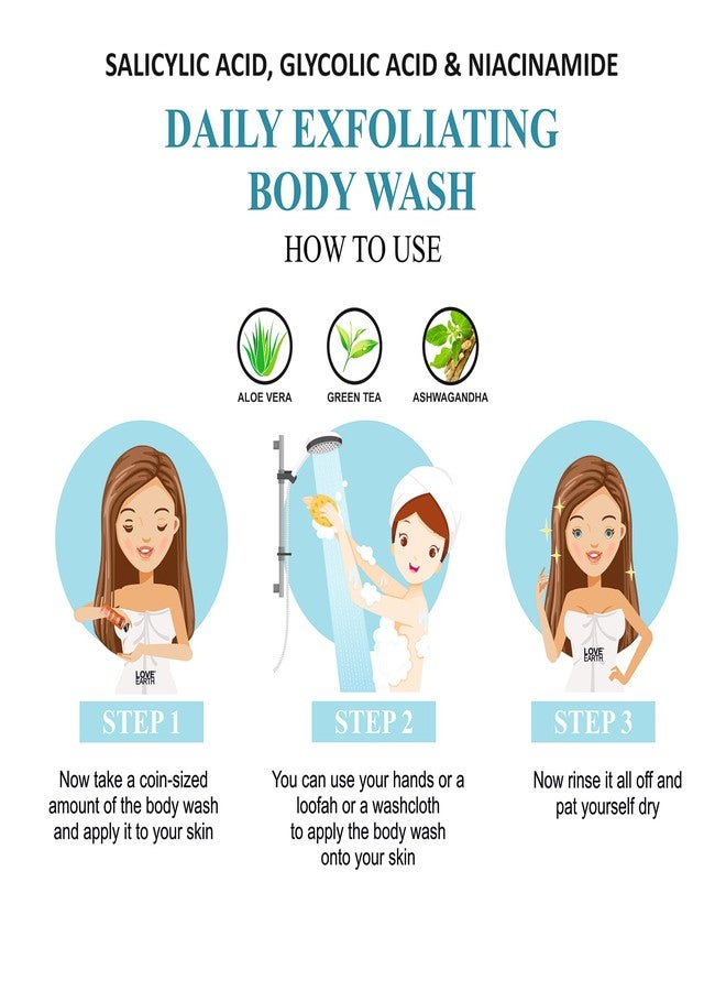 Love Earth Daily Exfoliating Body Wash For Reduces Body Acne,Gently Exfoliates Dead Skin Celles, Soothens Rough Skin| Salicylic Acid, Glycolic Acid & Niacinamide| 200 ML - Image 5