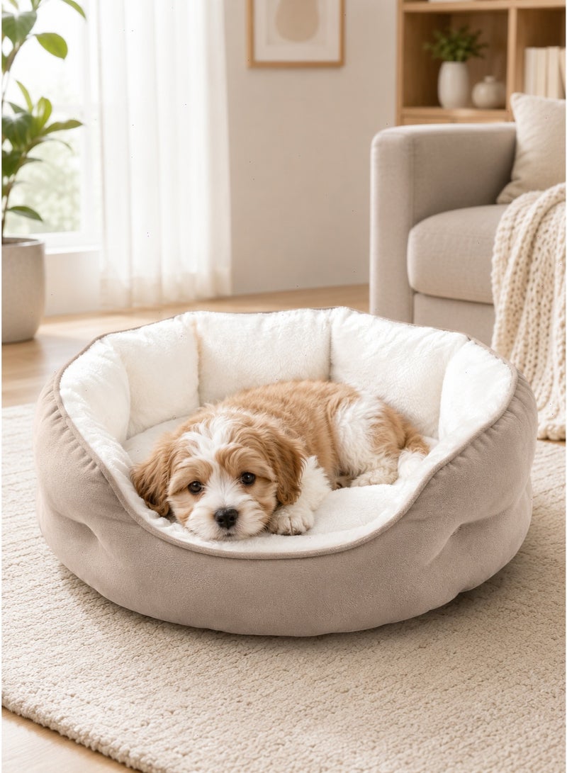 Pet Bed for Cats and Small Dogs, Round Washable Plush Sofa Bed, Beige - Image 2