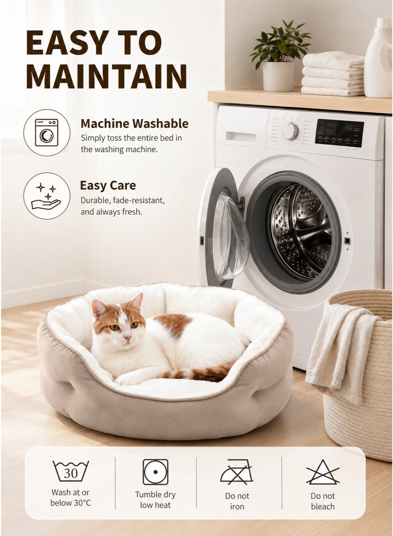 Pet Bed for Cats and Small Dogs, Round Washable Plush Sofa Bed, Beige - Image 5