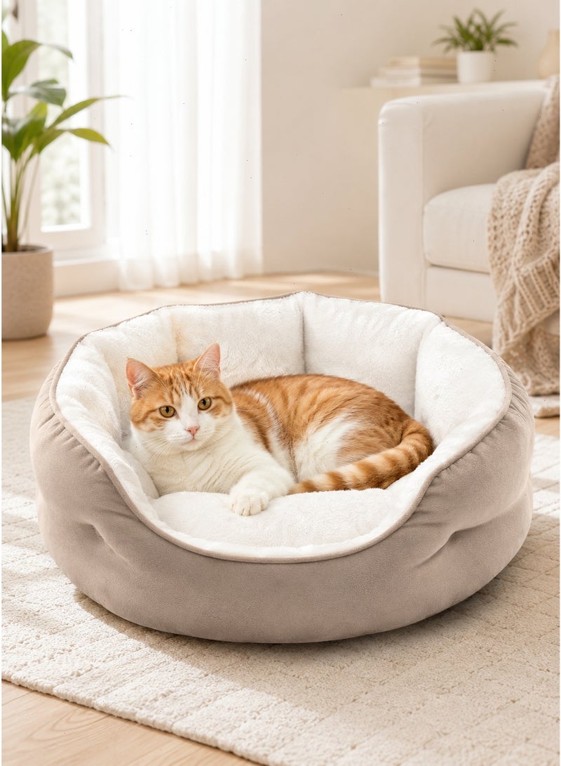 Pet Bed for Cats and Small Dogs, Round Washable Plush Sofa Bed, Beige - Image 1