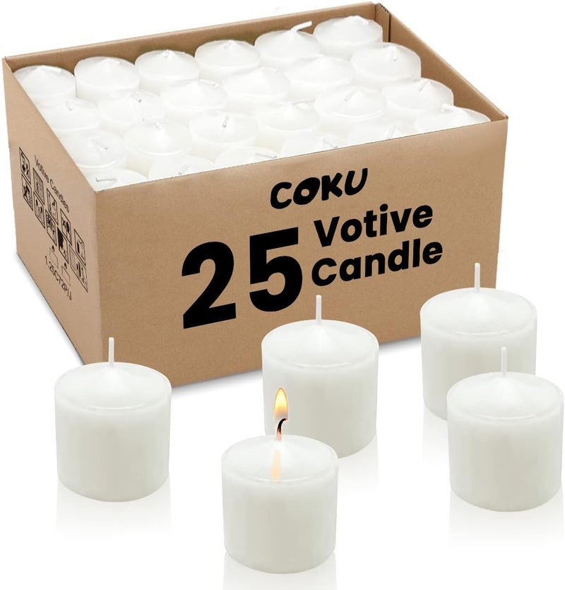 coku Wax White Votive Candles - Bulk Box Smokeless Unscented Candles - 8 Hour Burn Time - Bulk Candles For Diwali, Home, Weddings, Parties, Spas And Decorations (1.5" X 1.25") (Pack Of 25) - Image 1