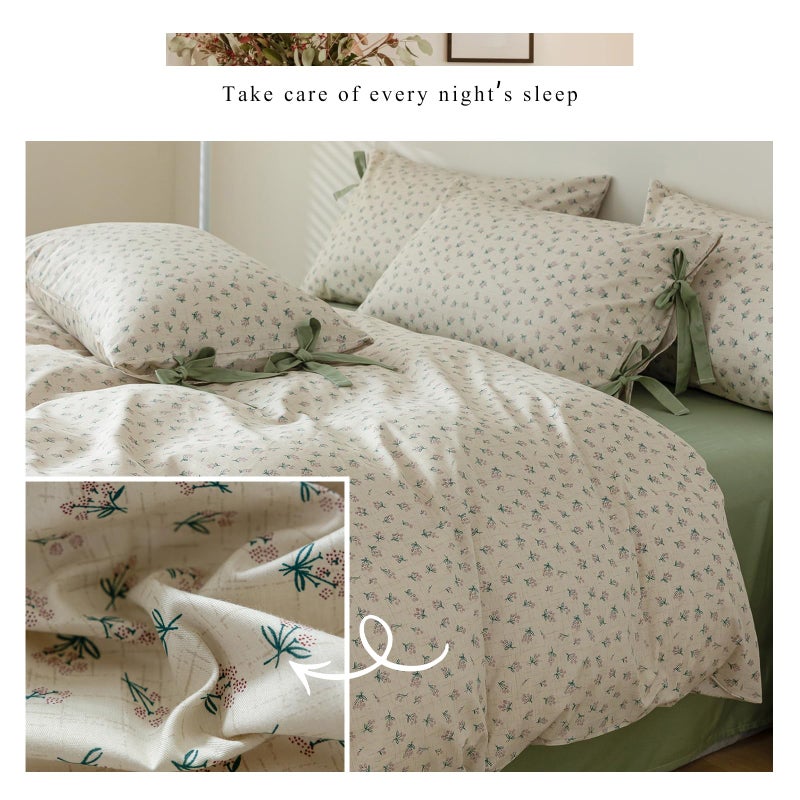 LifeTB Vintage Style Duvet Cover Queen 100% Cotton Green Floral Print Duvet Cover Flower Botanical Bedding Sets Cottagecore Floral Comforter Cover 1 Queen Floral Duvet Cover with 2 Bowknot Pillowcases - Image 4