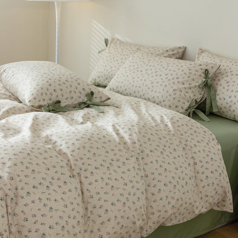 LifeTB Vintage Style Duvet Cover Queen 100% Cotton Green Floral Print Duvet Cover Flower Botanical Bedding Sets Cottagecore Floral Comforter Cover 1 Queen Floral Duvet Cover with 2 Bowknot Pillowcases - Image 2