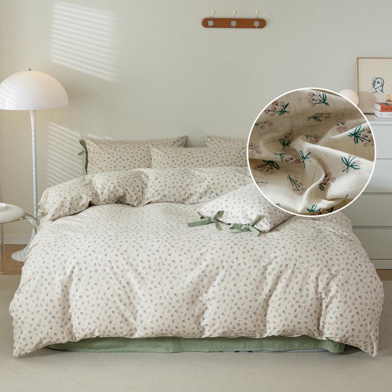 LifeTB Vintage Style Duvet Cover Queen 100% Cotton Green Floral Print Duvet Cover Flower Botanical Bedding Sets Cottagecore Floral Comforter Cover 1 Queen Floral Duvet Cover with 2 Bowknot Pillowcases - Image 1