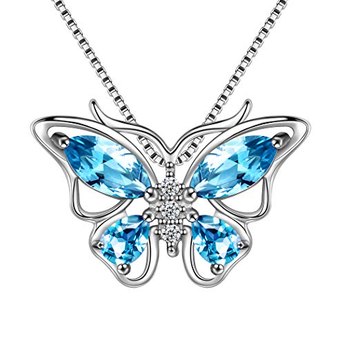 Aurora Tears 925 Sterling Silver Butterfly Necklace,Women Butterflies March-Aquamarine Birthstone Pendant Necklace for Birthday Wedding Gift - Image 1