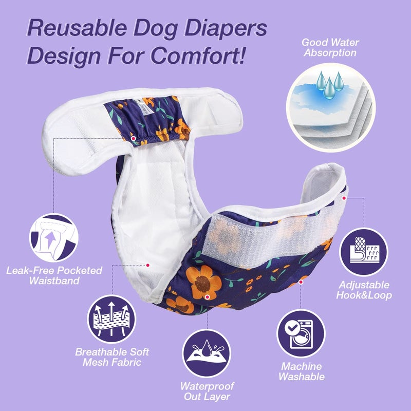 Pet Soft Washable Female Diapers (3 Pack) Female Dog Diapers, Comfort Reusable Doggy Diaper for Girl Dog in Period Heat (Cute Flower, L) - Image 2