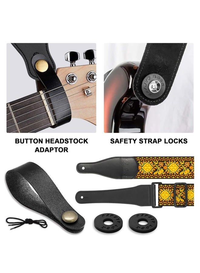 BestSounds Guitar Strap, Jacquard Embroidered Cotton Straps with Genuine Leather Ends Shoulder Strap for Bass, Acoustic, Electric Guitar, Retro Yellow, Regular - Image 4