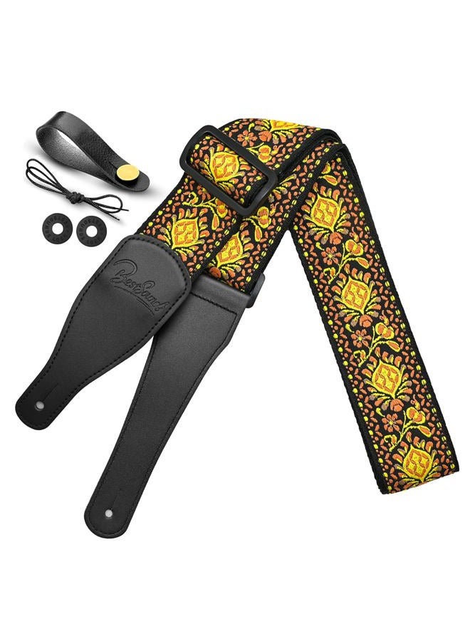 BestSounds Guitar Strap, Jacquard Embroidered Cotton Straps with Genuine Leather Ends Shoulder Strap for Bass, Acoustic, Electric Guitar, Retro Yellow, Regular - Image 1