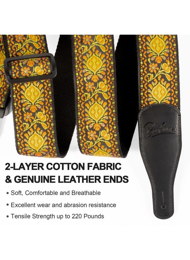 BestSounds Guitar Strap, Jacquard Embroidered Cotton Straps with Genuine Leather Ends Shoulder Strap for Bass, Acoustic, Electric Guitar, Retro Yellow, Regular - Image 2