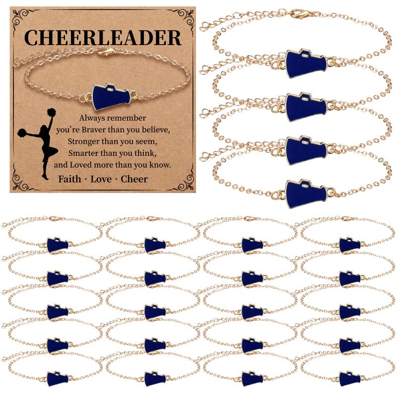 Liliaafar 24 Sets Cheerleader Gifts Bulk for Team Cheerleader Bracelet Charm Cheerleading Jewelry with Inspirational Card for Women Coach Mom Cheer Party Favor Stuff(Megaphone,Blue) - Image 1