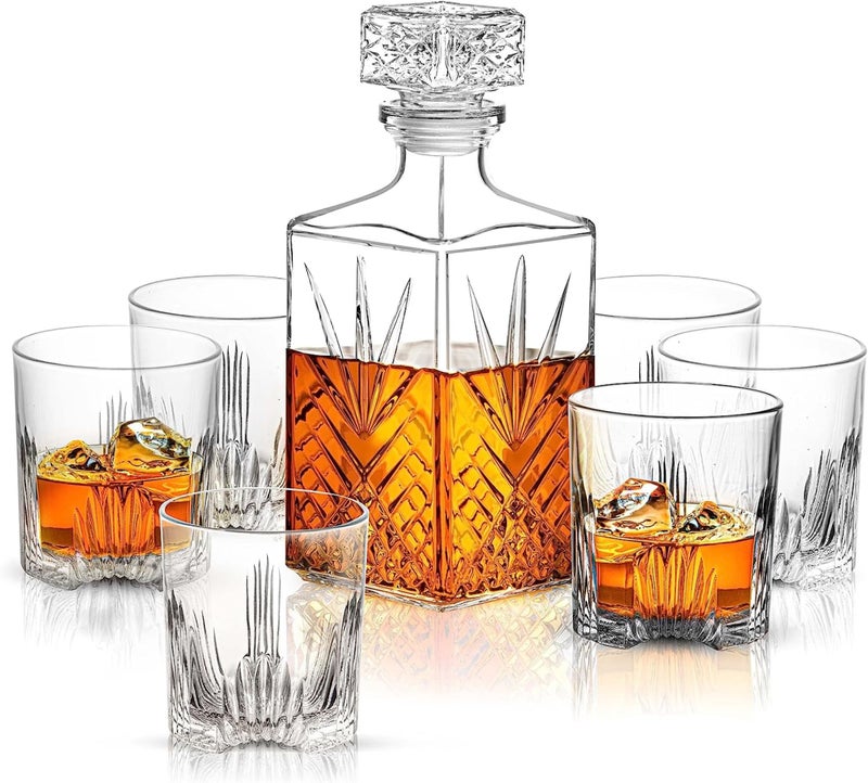 Bormioli Rocco Bormioli Rocco Selecta Collection Whiskey Gift Set – Sophisticated Etched 33.75oz Decanter & 6 9.5oz Glass Tumblers With Starburst Detailing – For Whiskey, Bourbon, Scotch & Liquor  - Image 1