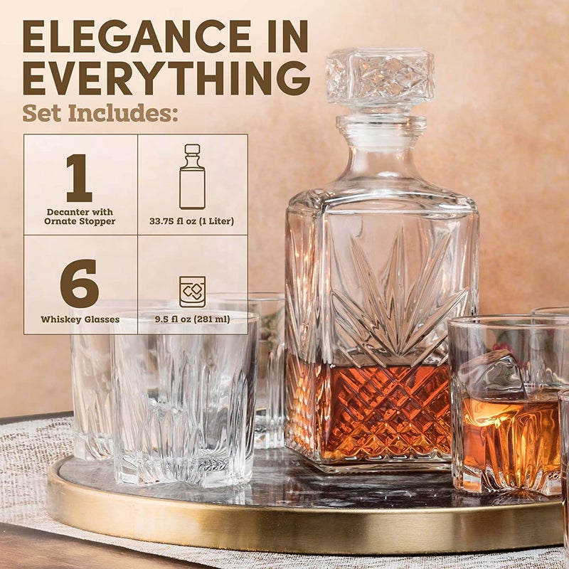 Bormioli Rocco Bormioli Rocco Selecta Collection Whiskey Gift Set – Sophisticated Etched 33.75oz Decanter & 6 9.5oz Glass Tumblers With Starburst Detailing – For Whiskey, Bourbon, Scotch & Liquor  - Image 3