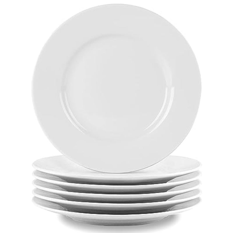 6-Piece Porcelain Salad Plates, 8 Inch, Classic Round and White with Wide Rim, Dishwasher, Microwave, Freezer, Oven Safe, BPA-Free for Everyday Use - Image 1