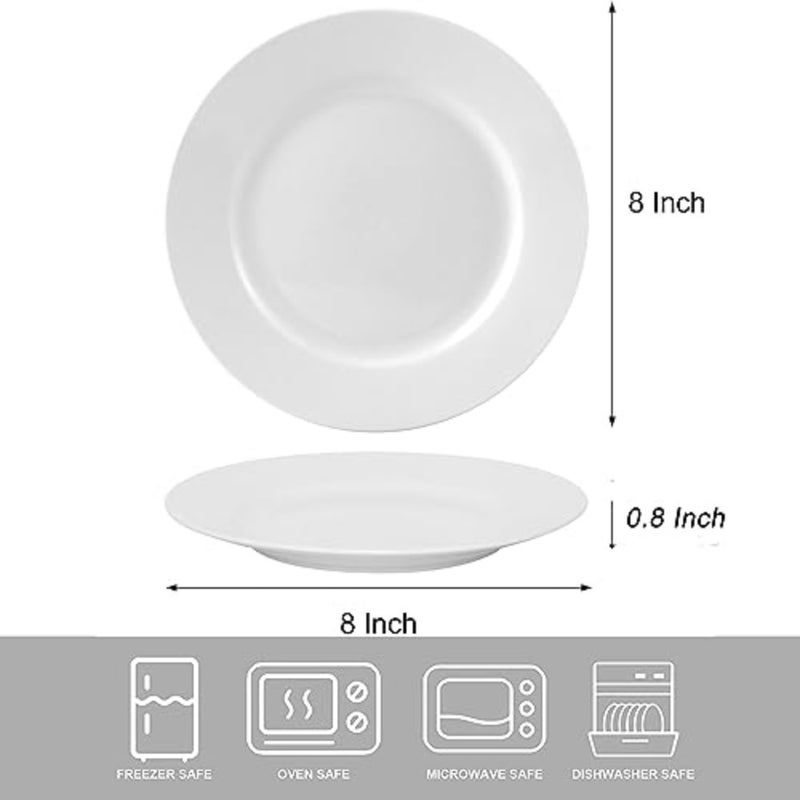 6-Piece Porcelain Salad Plates, 8 Inch, Classic Round and White with Wide Rim, Dishwasher, Microwave, Freezer, Oven Safe, BPA-Free for Everyday Use - Image 3